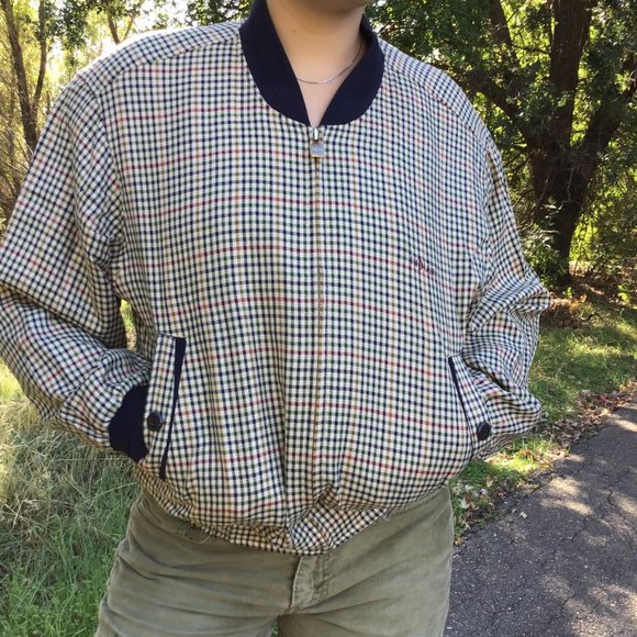 men’s plaid bomber harrington jacket L academia golf retro zippered lined tan - Picture 2 of 13